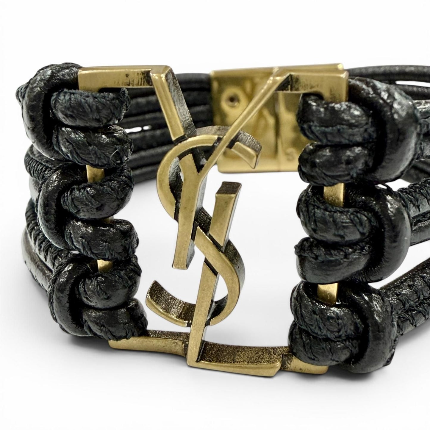Saint Laurent Babylon Code YSL Logo Leather Bracelet Black Gold — view 8