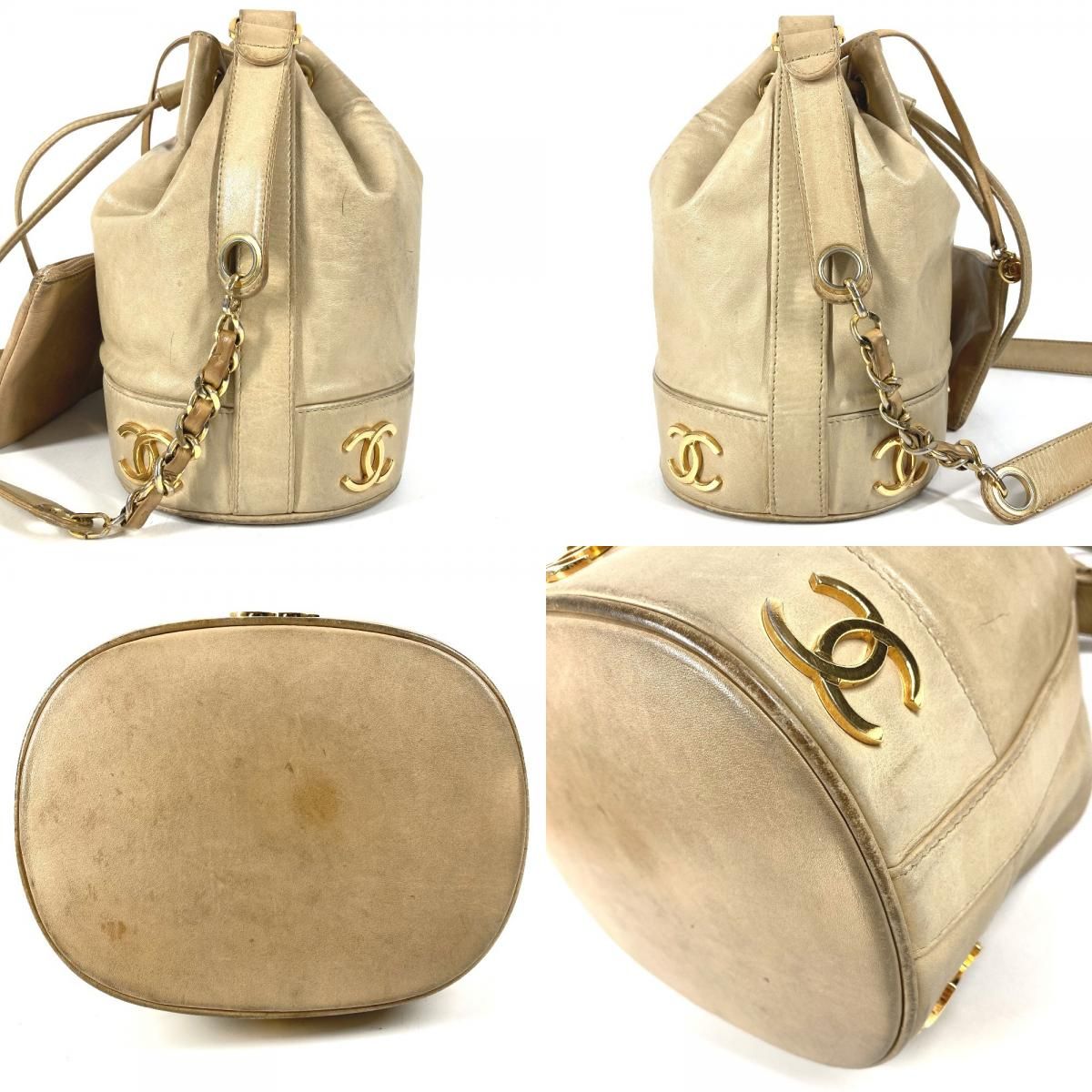 Chanel Shoulder Bag Triple Coco CC Logo Drawstring Leather Beige — view 8