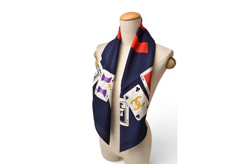 Chanel Scarf Shawl Vintage CC Logo CC Playing Cards Pattern Silk Navy — view 8