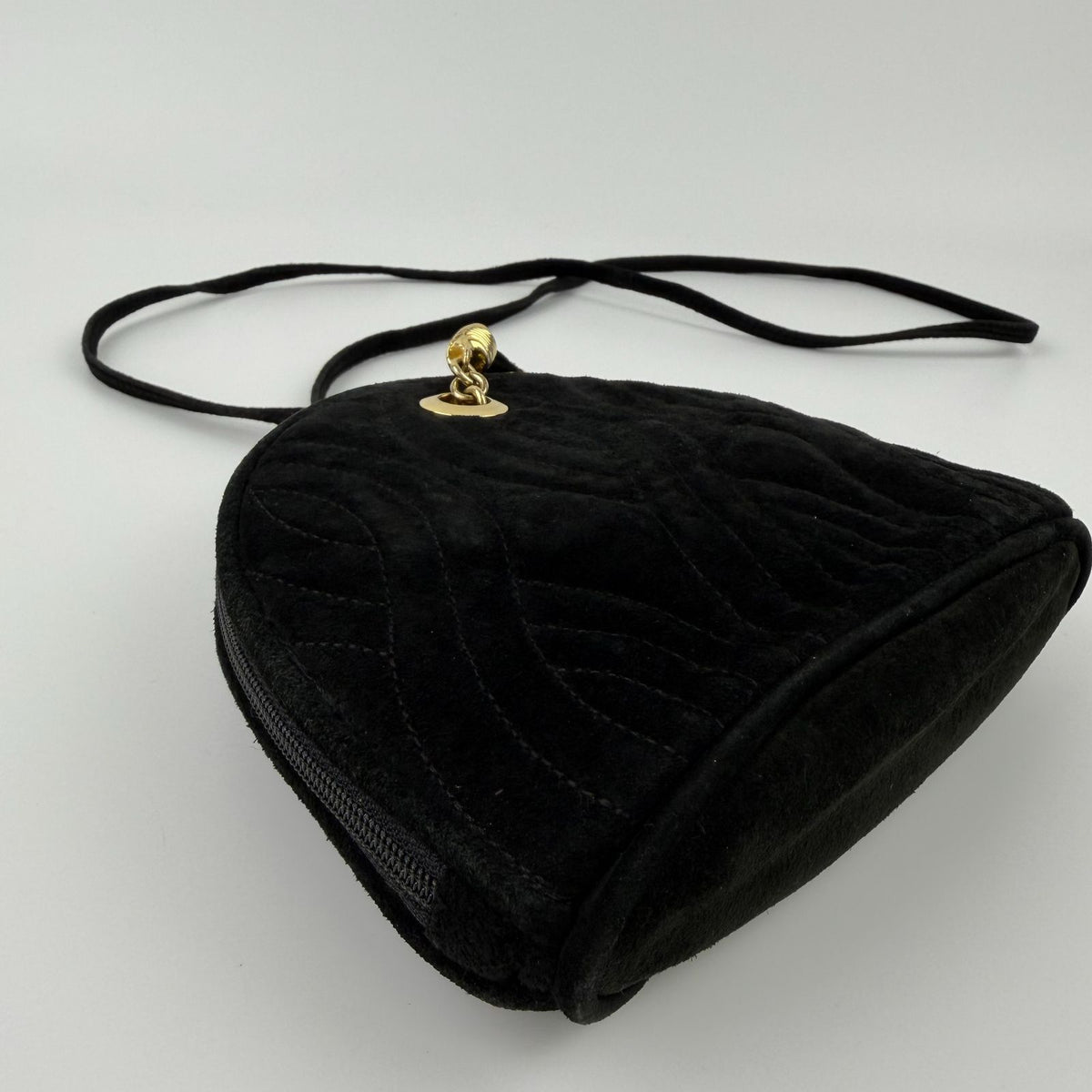 Fendi Logo Charm Mini Shoulder Bag Suede Leather Black Gold Vintage — view 8