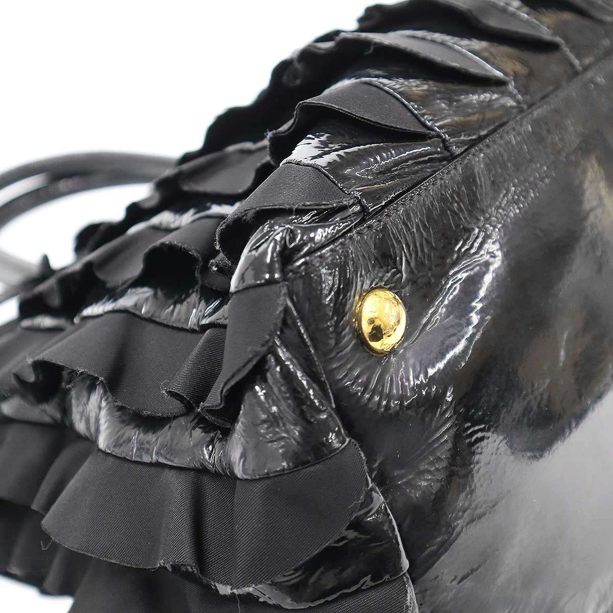 Prada Tessuto Vernice Frill Handbag Black — view 8