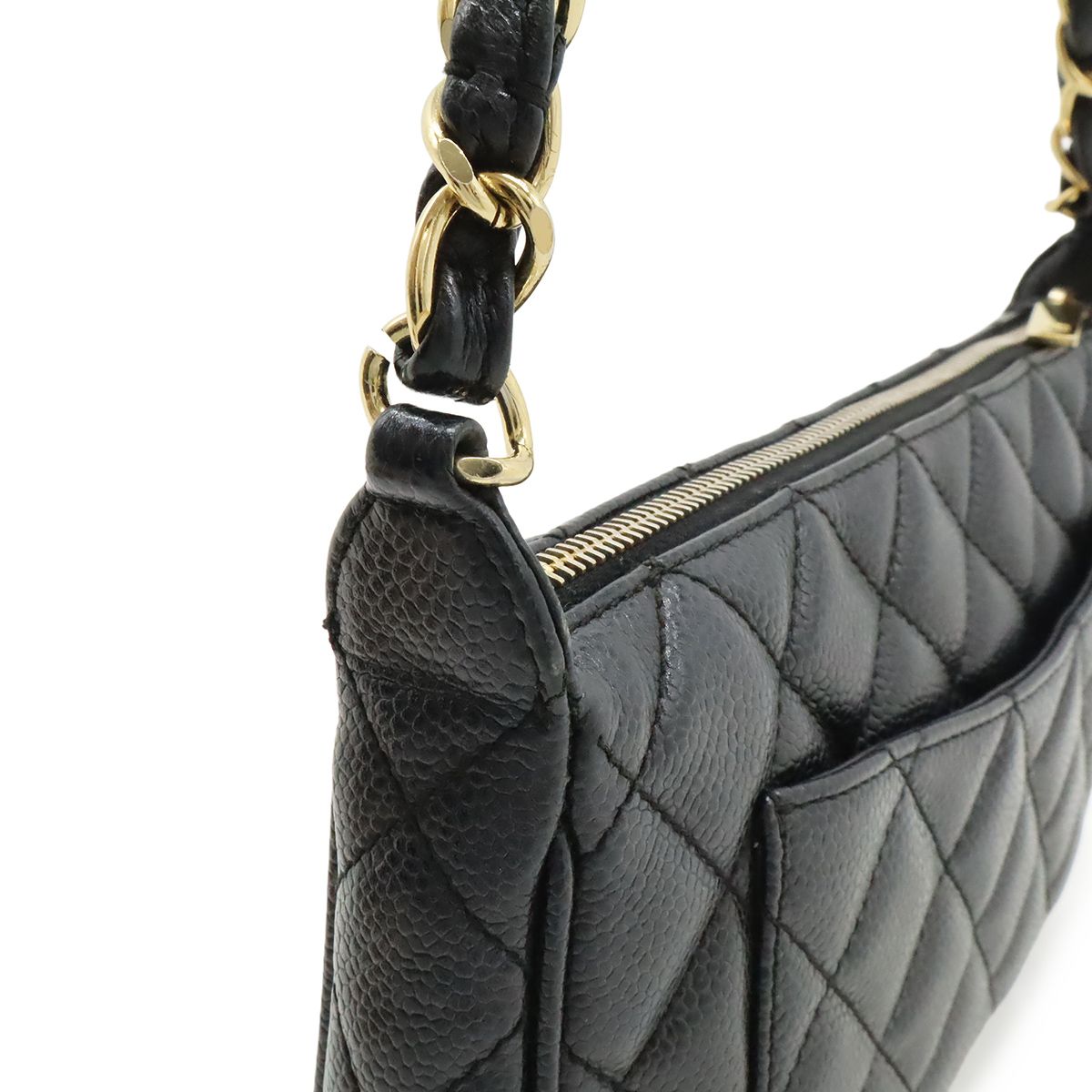 Chanel Quilted CC Logo Chain Shoulder Bag Caviar Leather Black Gold — view 8
