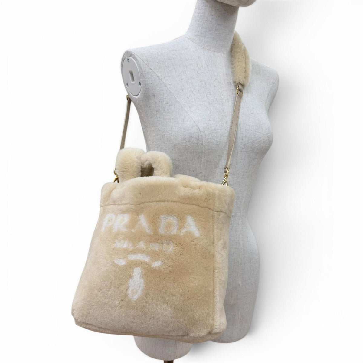 Prada Terry Shearling Tote Sheepskin Triangle Logo Pouch 2-Way Shoulder Bag — view 8
