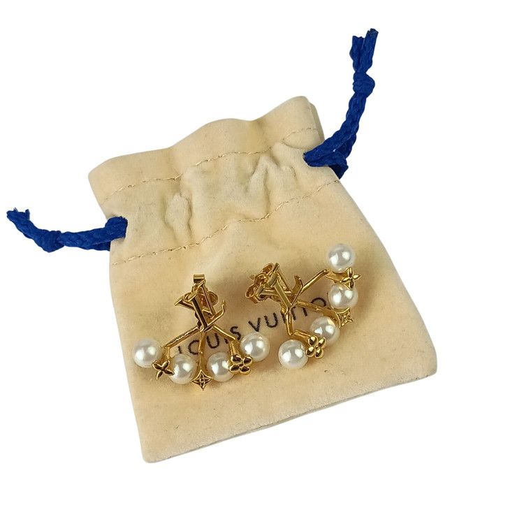 Louis Vuitton Earrings Mini Gram Pearl Gold Metal Faux — view 7