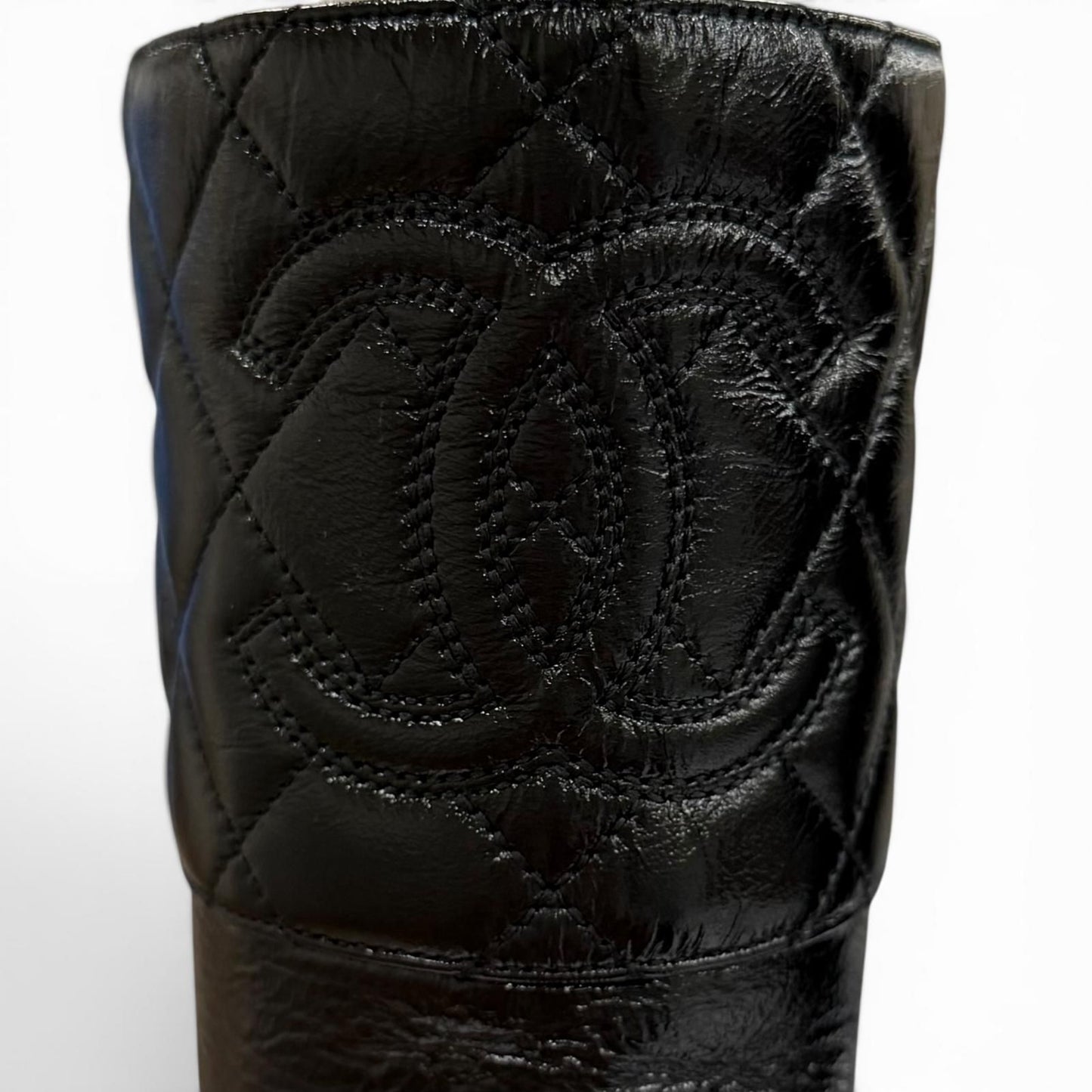 Chanel CC Logo Quilted Chanki Heels Leather Long Boots Black — view 8