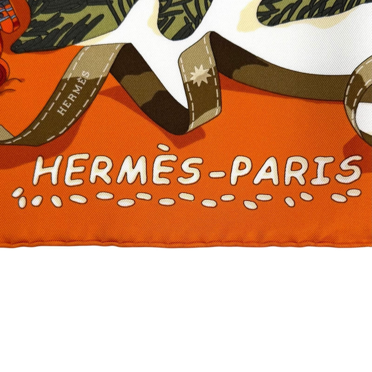 Hermes Carre 90 Noel Au 24 Faubourg Christmas At 100% Silk Potiron Vert Amande — view 8