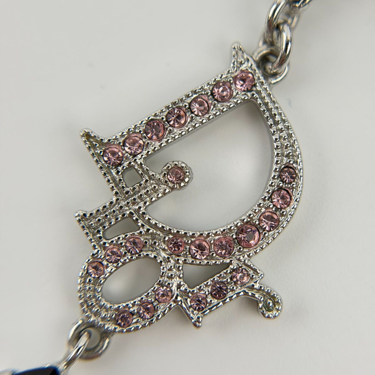 Dior Logo Necklace Plated Rhinestone Silver Pink Vintage — view 8