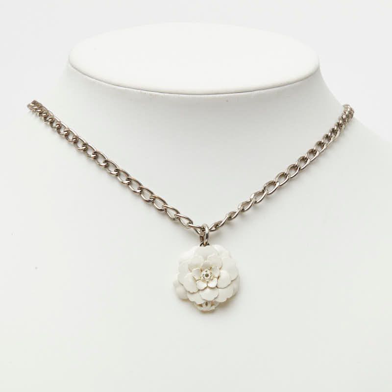 Chanel 04P CC Logo Camellia Motif Necklace Silver White Metal — view 7