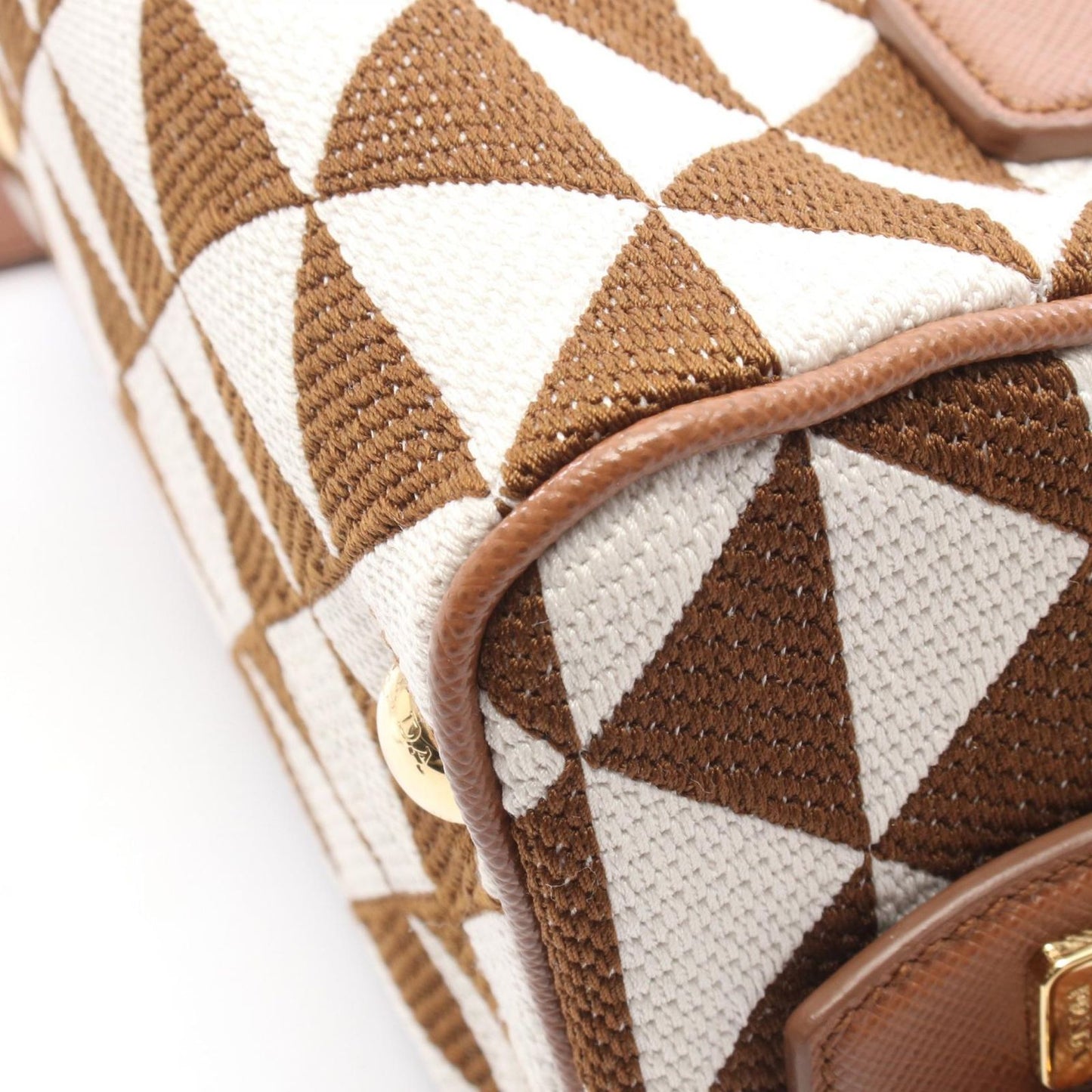 Prada Handbag Triangolo Jacqu 2-Way Brown White Canvas Leather Symbol Embroidery — view 5