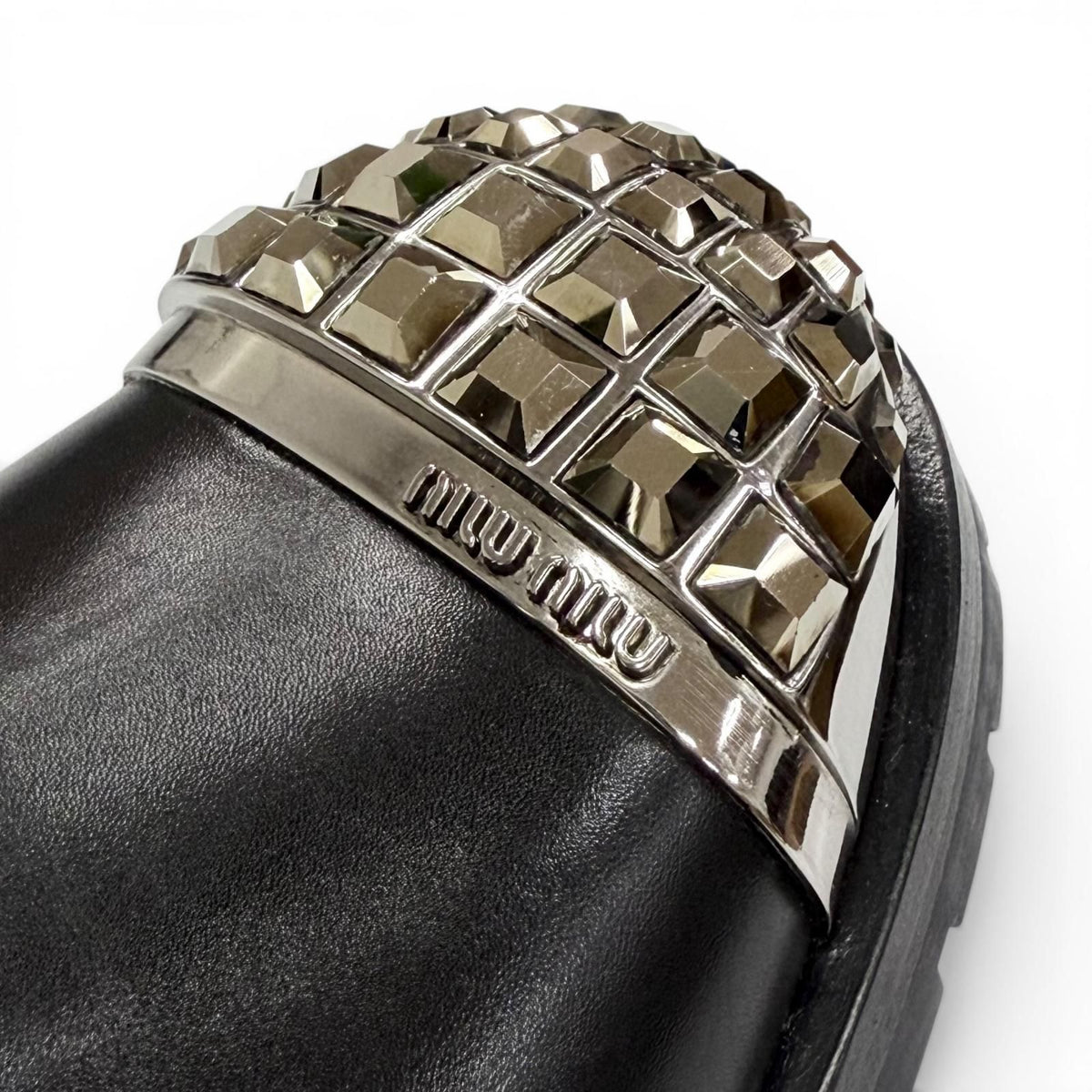 Miu Miu Square Studs Logo Cap Toe Leather Biker Boots Black — view 8