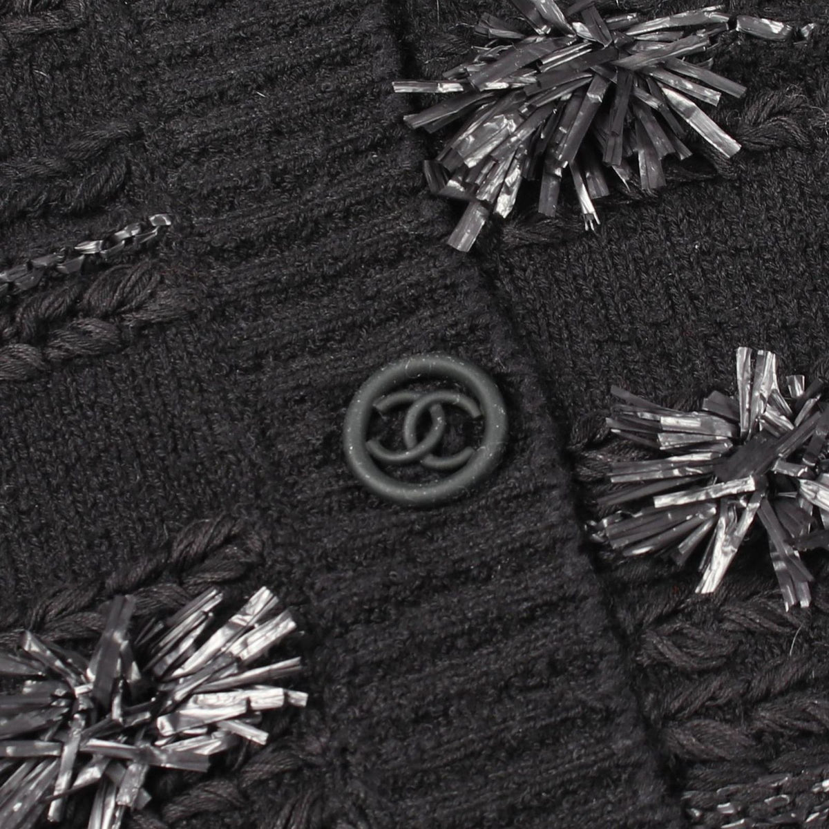 Chanel Cardigan CC Logo Button Fringe Black Cotton Knit — view 7