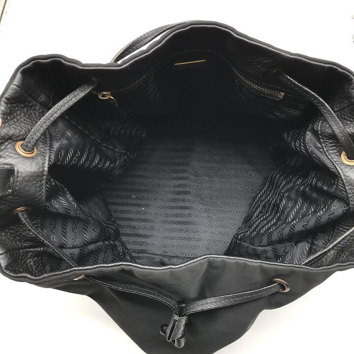 Prada Nylon Leather Drawstring Shoulder Bag Black — view 8
