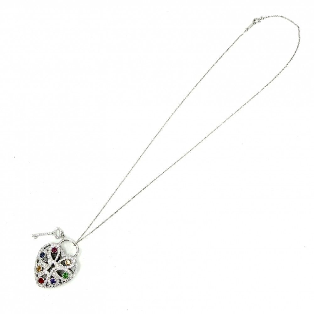 Tiffany & Co Necklace Filigree Padlock Motif Heart 18K White Gold 750 White Gold Diamond — view 8