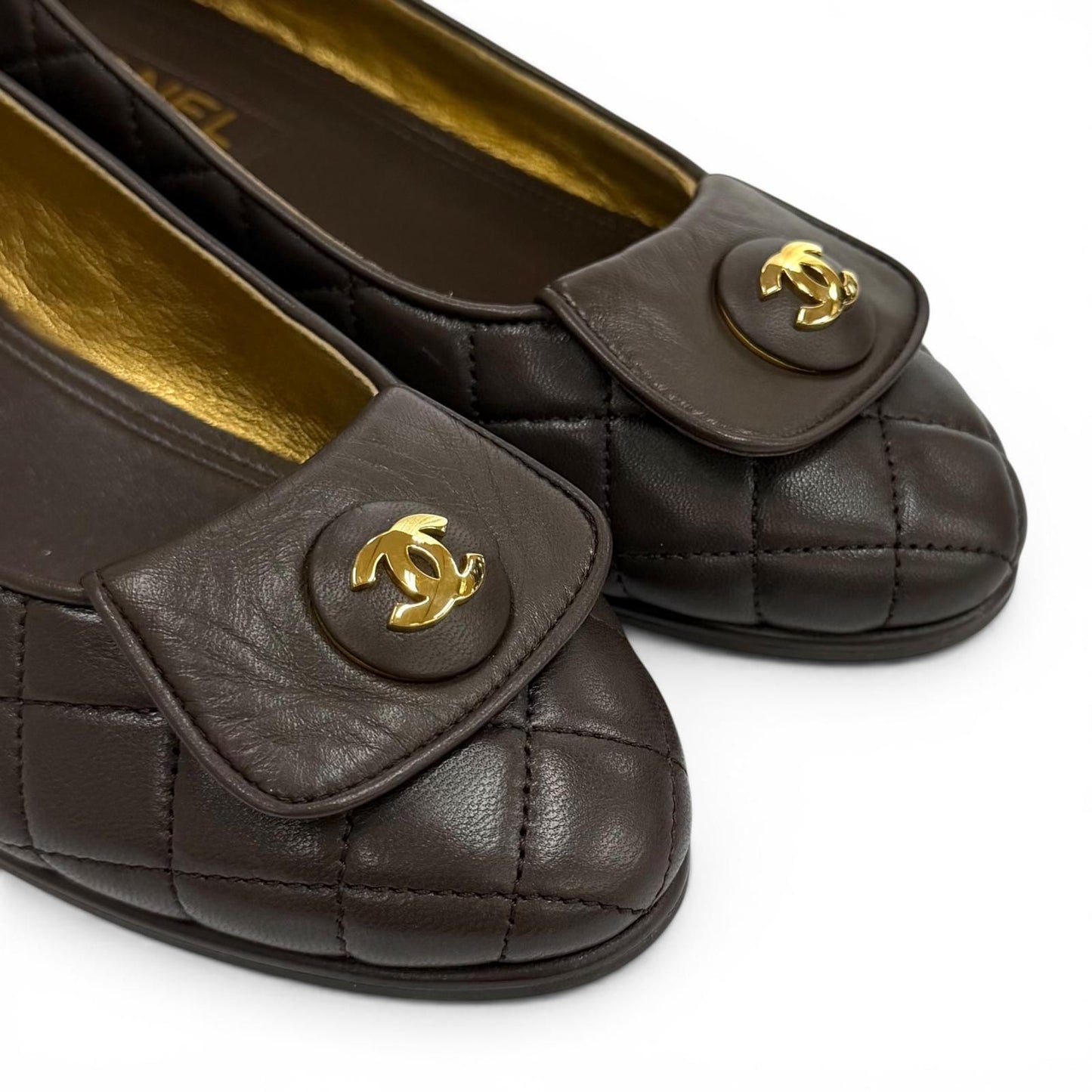 Chanel Ballerina CC Logo Quilted Ballet Shoes Brown Gold — view 8