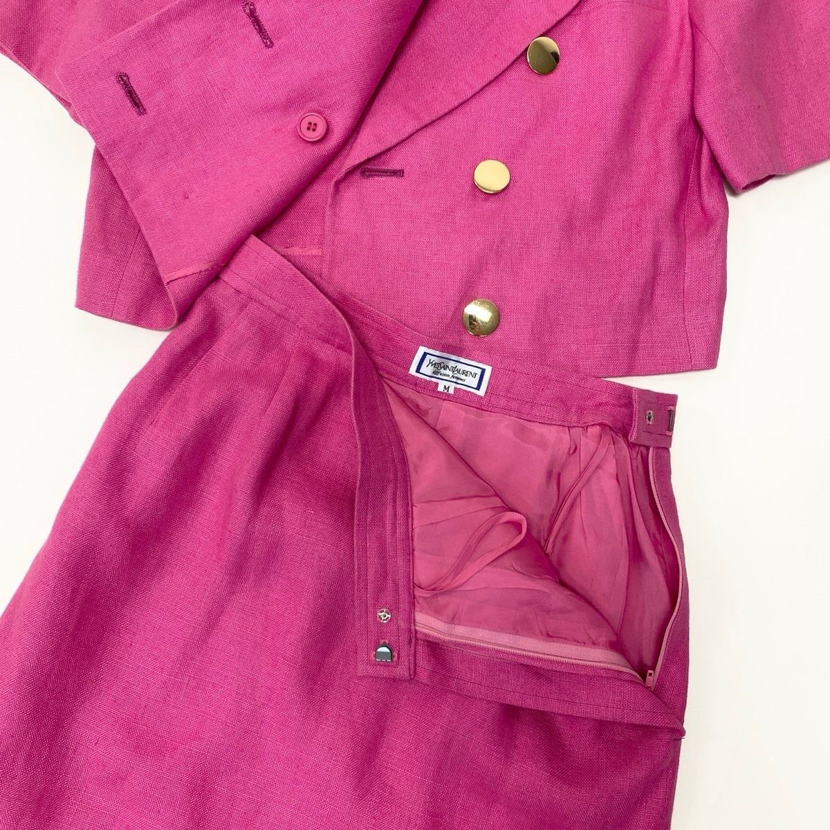 Saint Laurent Eg8 Set Skirt Suit Double Breasted Gold Button M Pink Linen — view 8