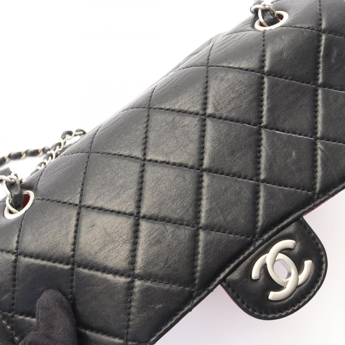 Chanel Shoulder Bag Quilted Single Flap Bicolor Black Red Lambskin Chain — view 8