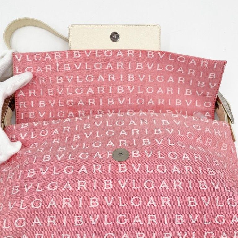 Bvlgari Shoulder Bag Logo Mania Maelea Pink White Canvas Leather Silver — view 8