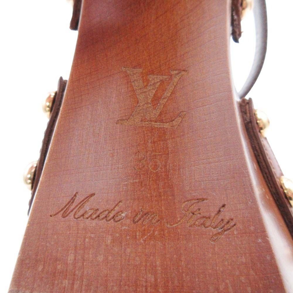 Louis Vuitton Monogram Ankle Belt Sandals Wood Sole Shoes Brown Gold 35 — view 8