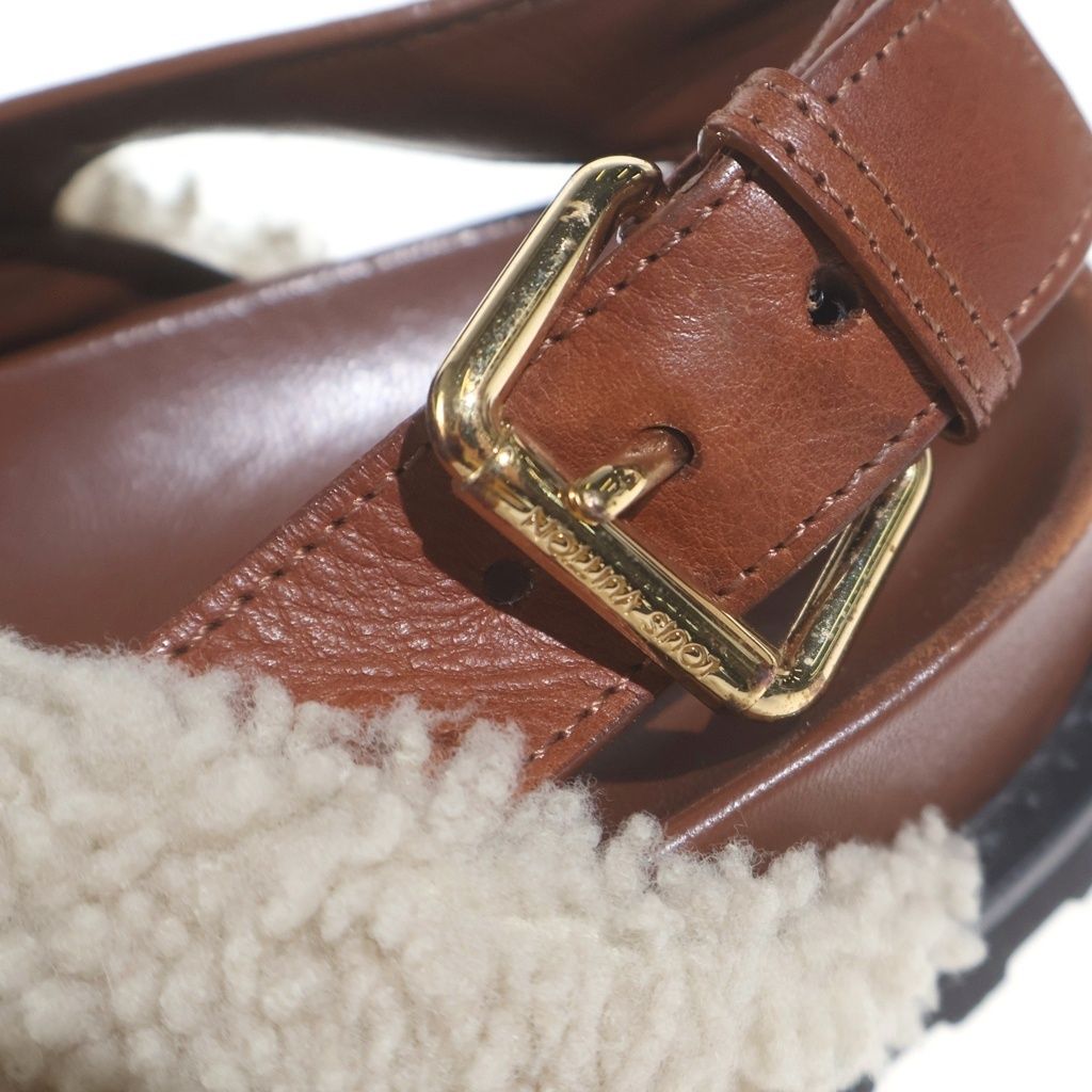 Louis Vuitton Paseo Line Monogram Fleece Shearling Leather Flat Sandals Shoes — view 6