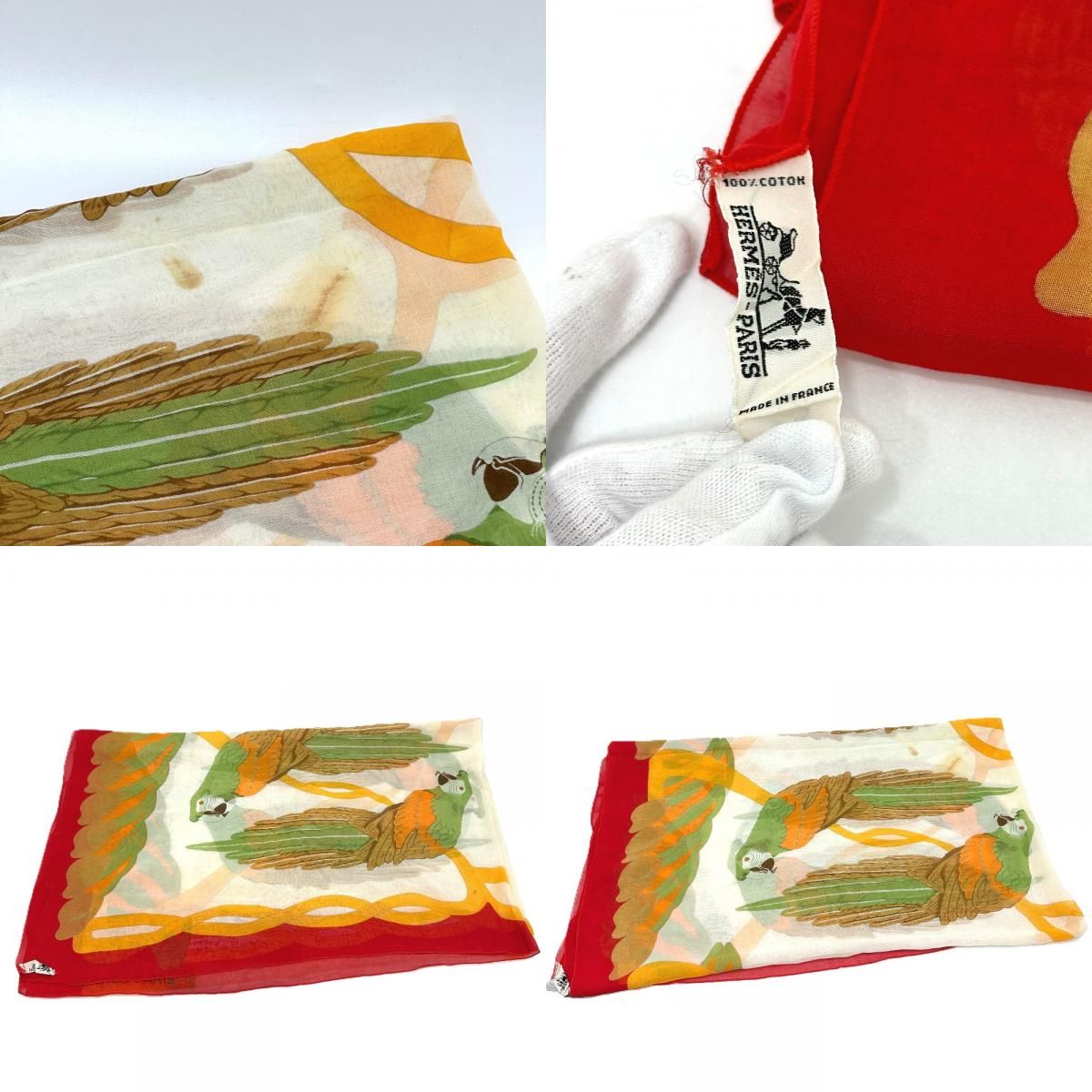 Hermes Shawl Parrot Print Cotton Red Scarf — view 9