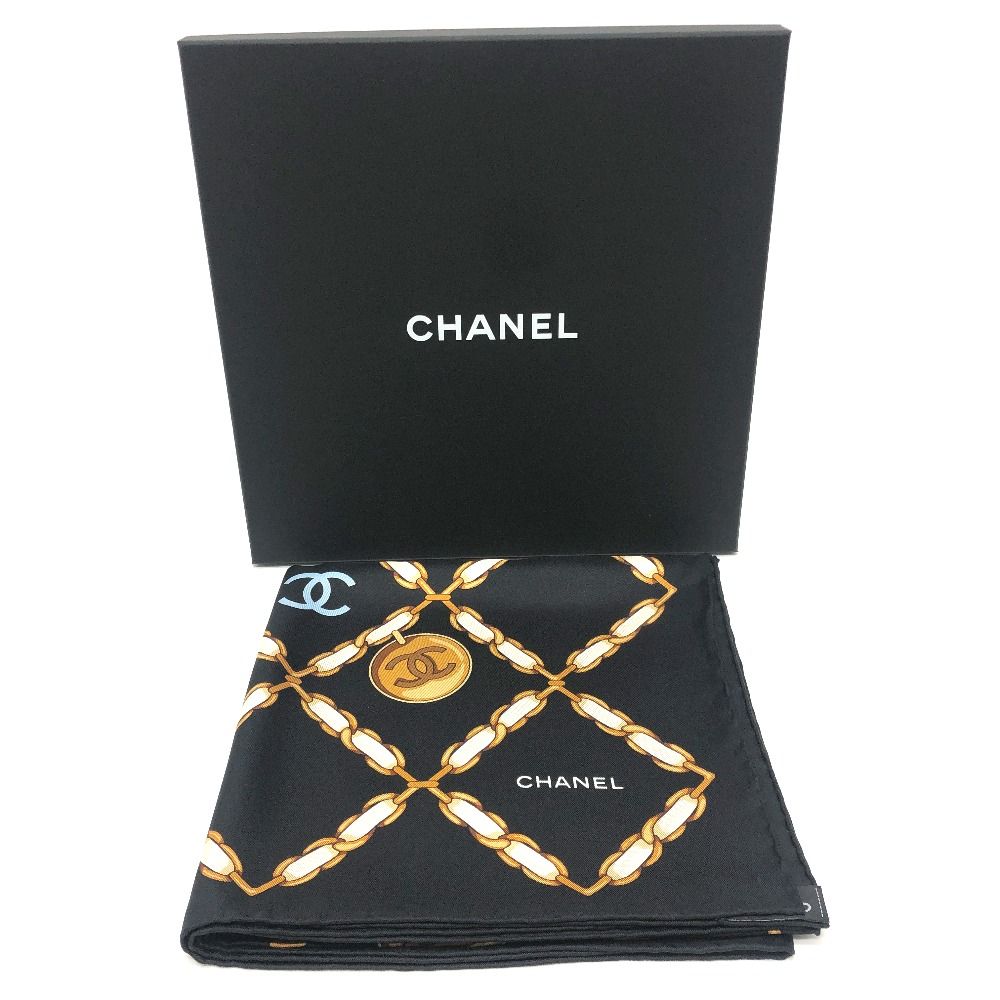 Chanel Scarf CC Logo Chain All Over Pattern Silk Black — view 8