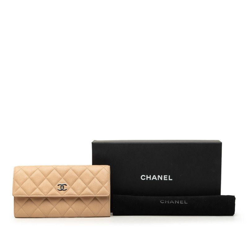 Chanel CC Logo Quilted Wallet Beige Caviar Leather — view 9