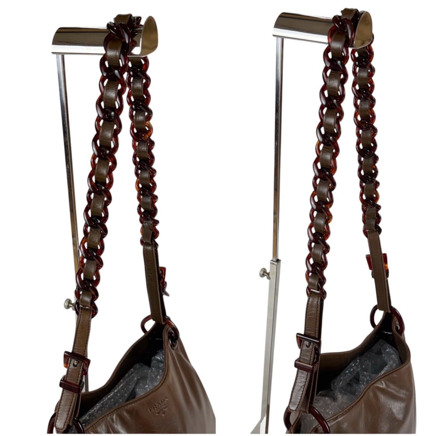 Prada Plastics Chain Hobo Leather Plastic Shoulder Bag Nappa Brown — view 8