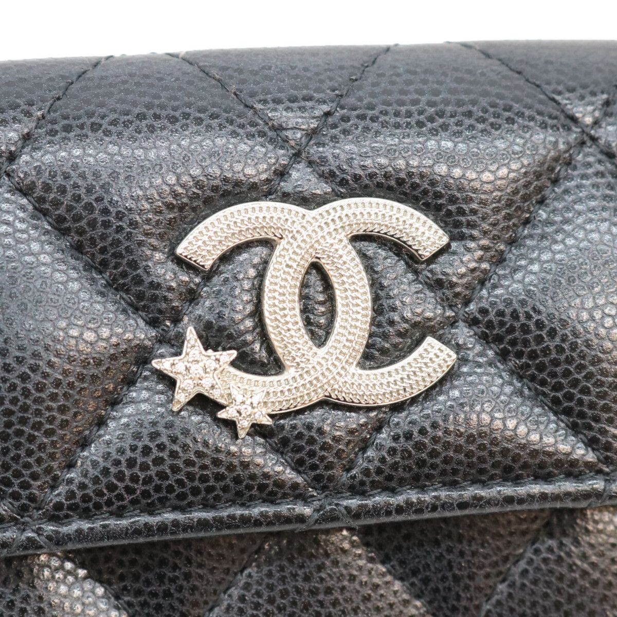 Chanel Black CC Logo Star Caviar Leather Silver Trifold Wallet — view 9