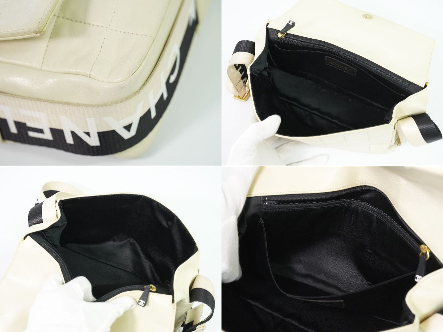 Chanel Chocolate Bar Line CC Logo Shoulder Bag Pochette Leather White Bar Second — view 8