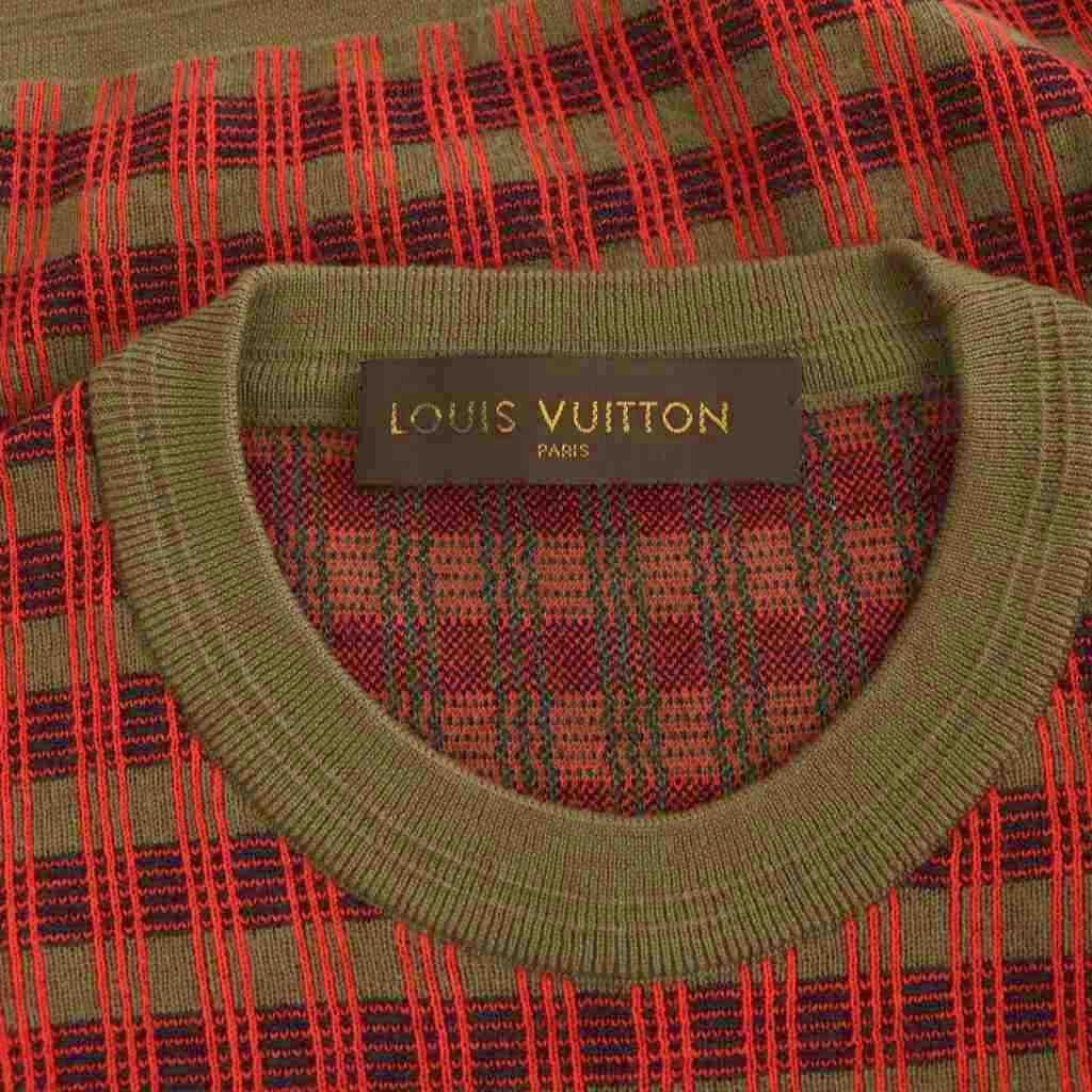Louis Vuitton Leather Patch Wool Check Crewneck Knit Sweater Pullover S Khaki — view 5