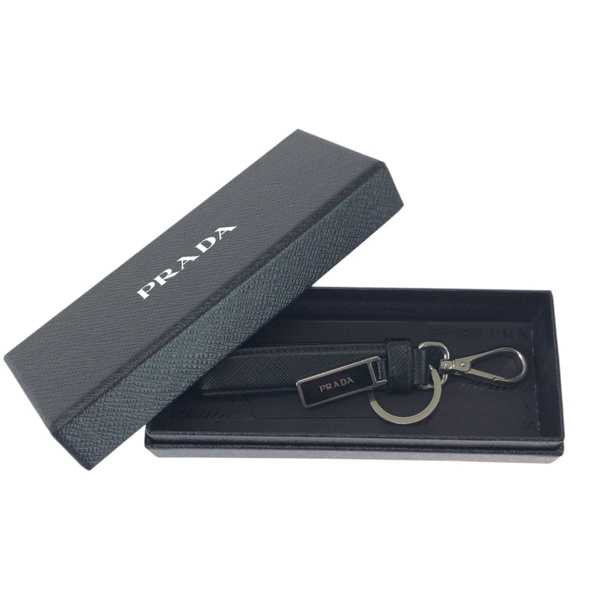Prada Saffiano Black Silver Leather Keyring Key Holder — view 6