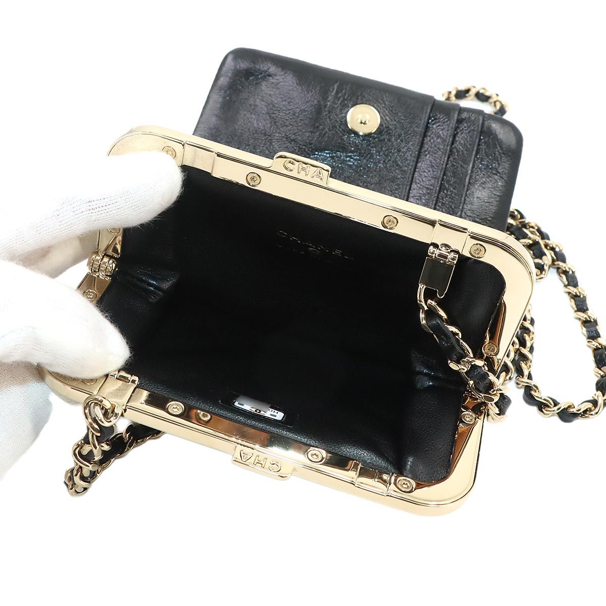 Chanel Quilted Kiss Lock Chain Wallet Leather Black Gold Shoulder — view 8