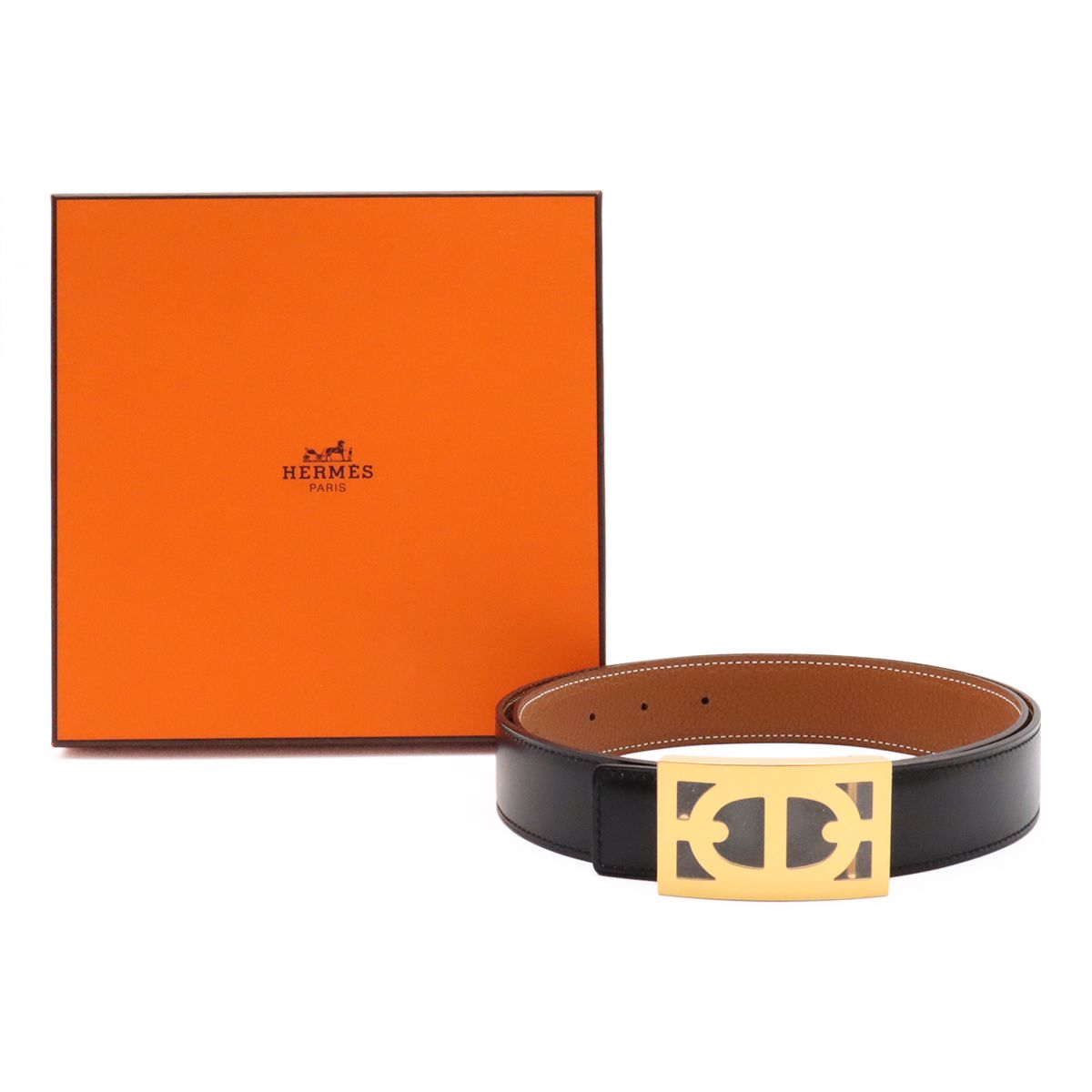 Hermes Chaine D'Ancre Reversible Belt Leather Black Brown Gold 85 — view 8