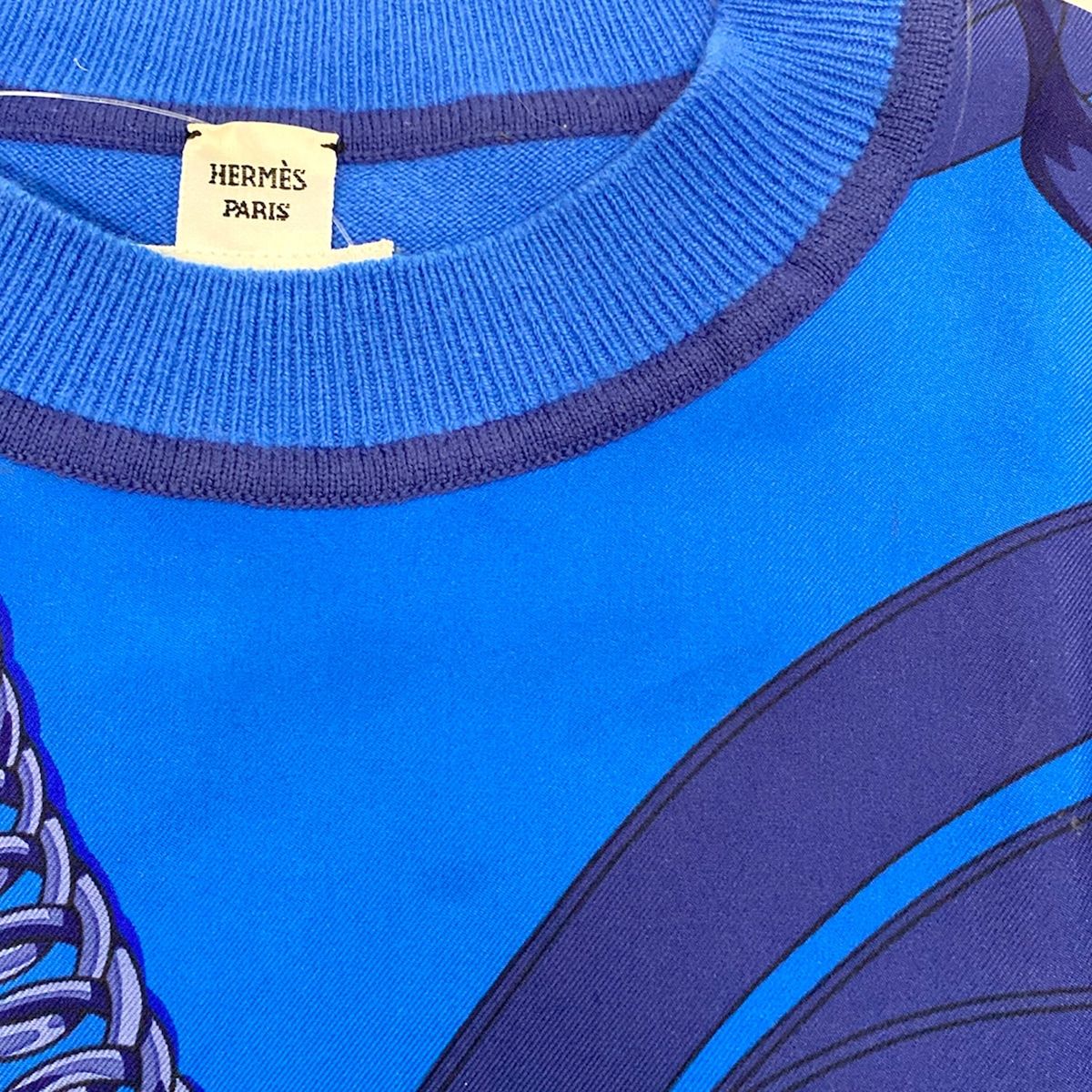 Hermes Short Sleeve Sweater 34 S Blue Crew Neck Silk — view 7
