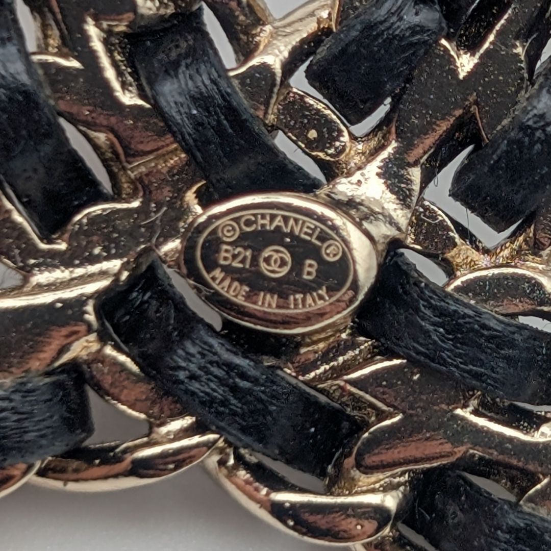 Chanel Brooch CC Logo Leather Chain Gold Black Rhinestone Recent — view 8