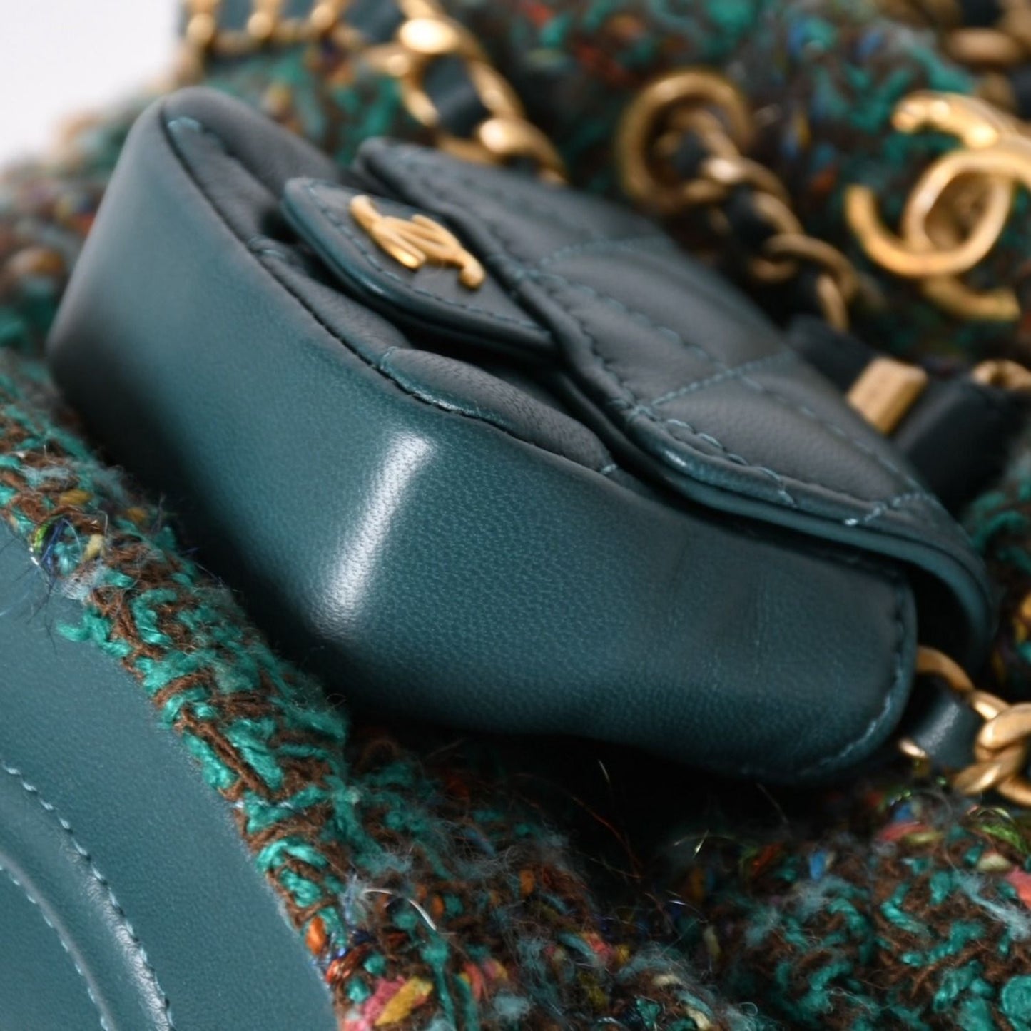 Chanel Small Backpack Base CC Logo Tweed Lambskin Green Gold — view 8
