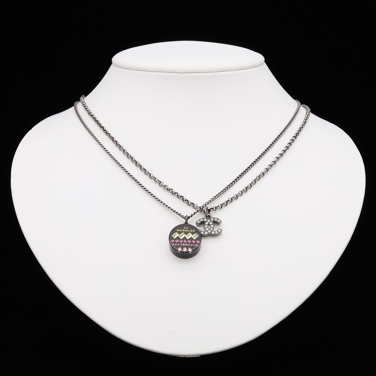 Chanel 11P CC Logo Round Motif Double Chain Pendant Metal Rhinestone Black — view 6
