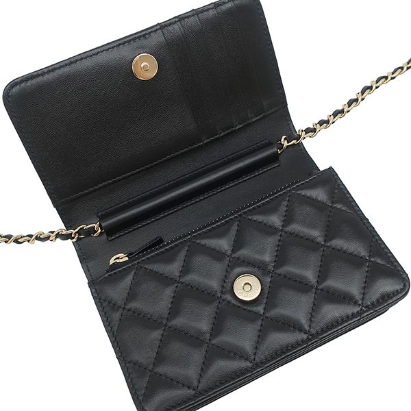 Chanel Chain Wallet Quilted Mini Lambskin Black Gold CC Logo Camellia 31 — view 8