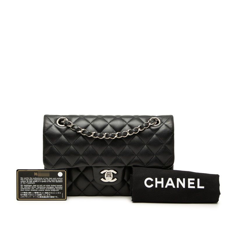 Chanel CC Logo Quilted Double Flap Chain Shoulder Bag Black Silver Lambskin — view 7