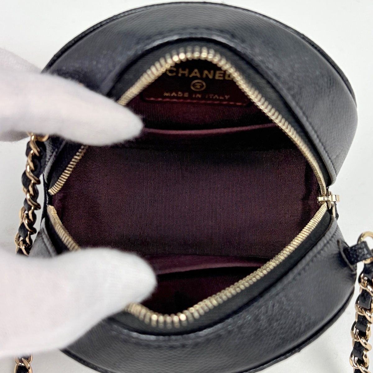 Chanel CC Logo Round Chain Shoulder Bag Quilted Classic Caviar Leather Black — view 8