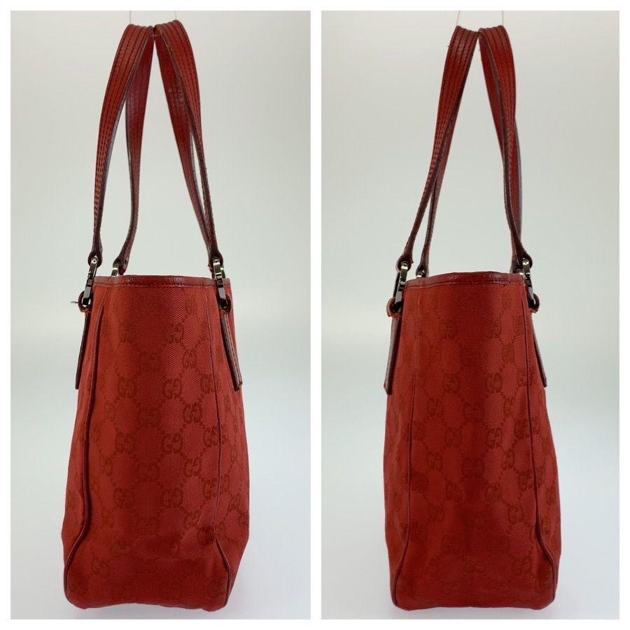 Gucci Red GG Canvas Leather Tote Bag Handle — view 8