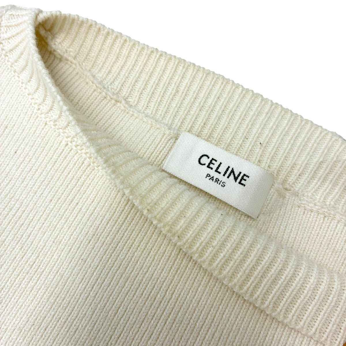 Celine Logo Patch Border Cropped Knit Sweater Ivory Navy XS — view 7