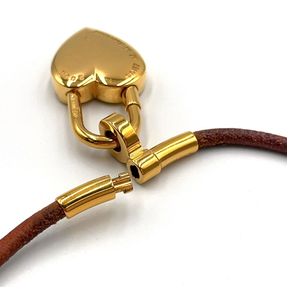 Hermes Fantasy Heart Cadena Choker Leather Metal Gold Brown Bracelet Bangle — view 8