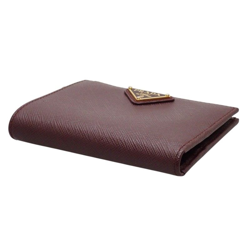 Prada Saffiano Triangle Bifold Wallet Bordeaux Burgundy Gold Genus — view 8