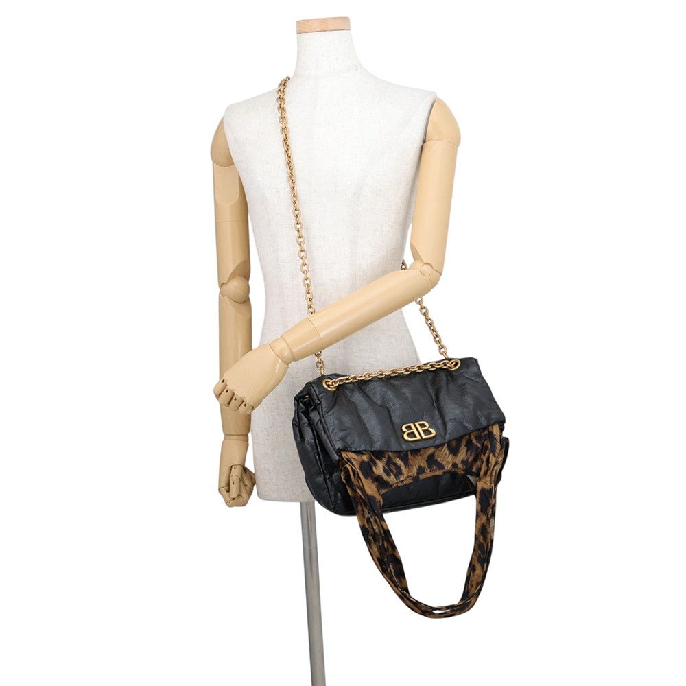 Balenciaga Chain Shoulder Bag Monaco Small Leopard Lambskin Nylon Tote Black — view 8