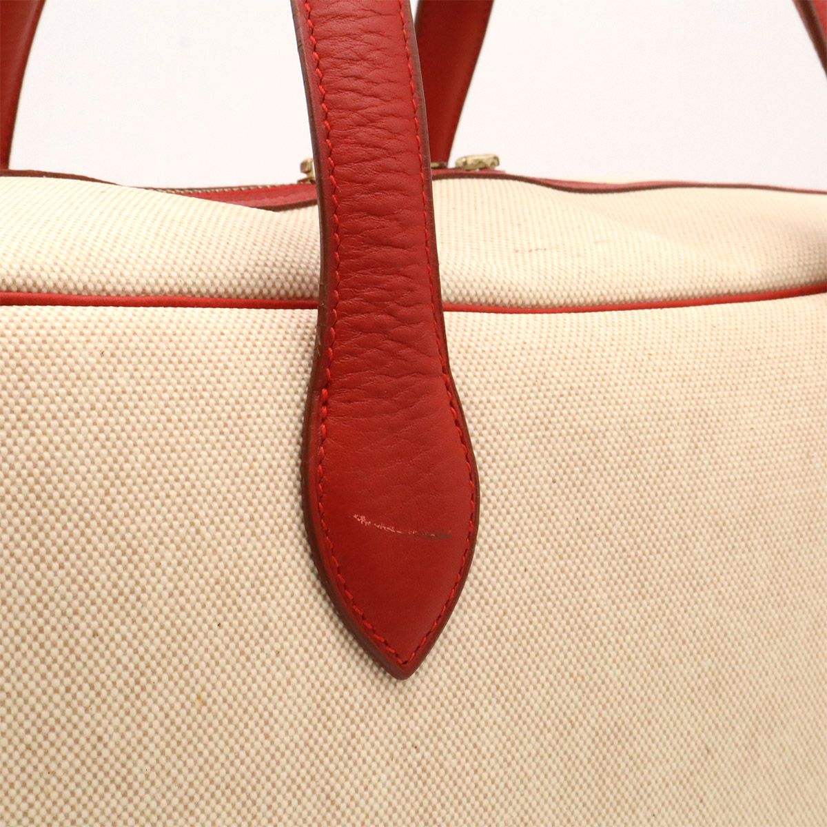 Hermes Boston Bag Purse Travelbag Toile H Leather Beige — view 8