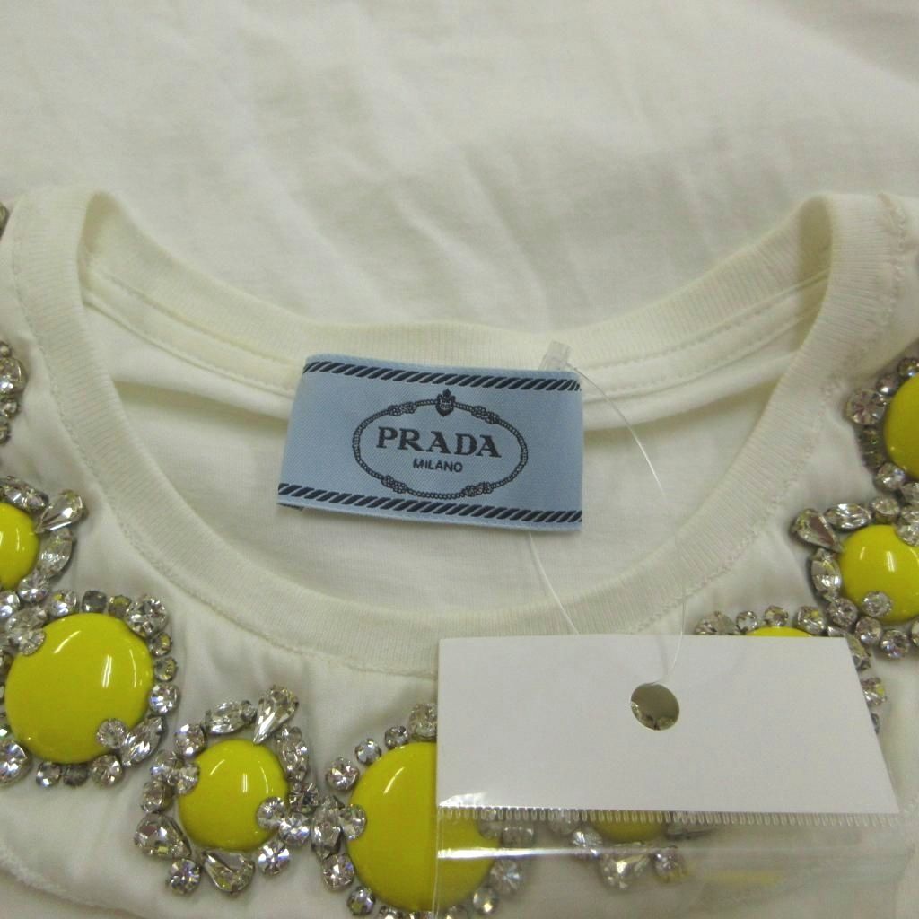 Prada T-Shirt with Rhinestone Top White Round Neck Short Sleeve KK — view 5