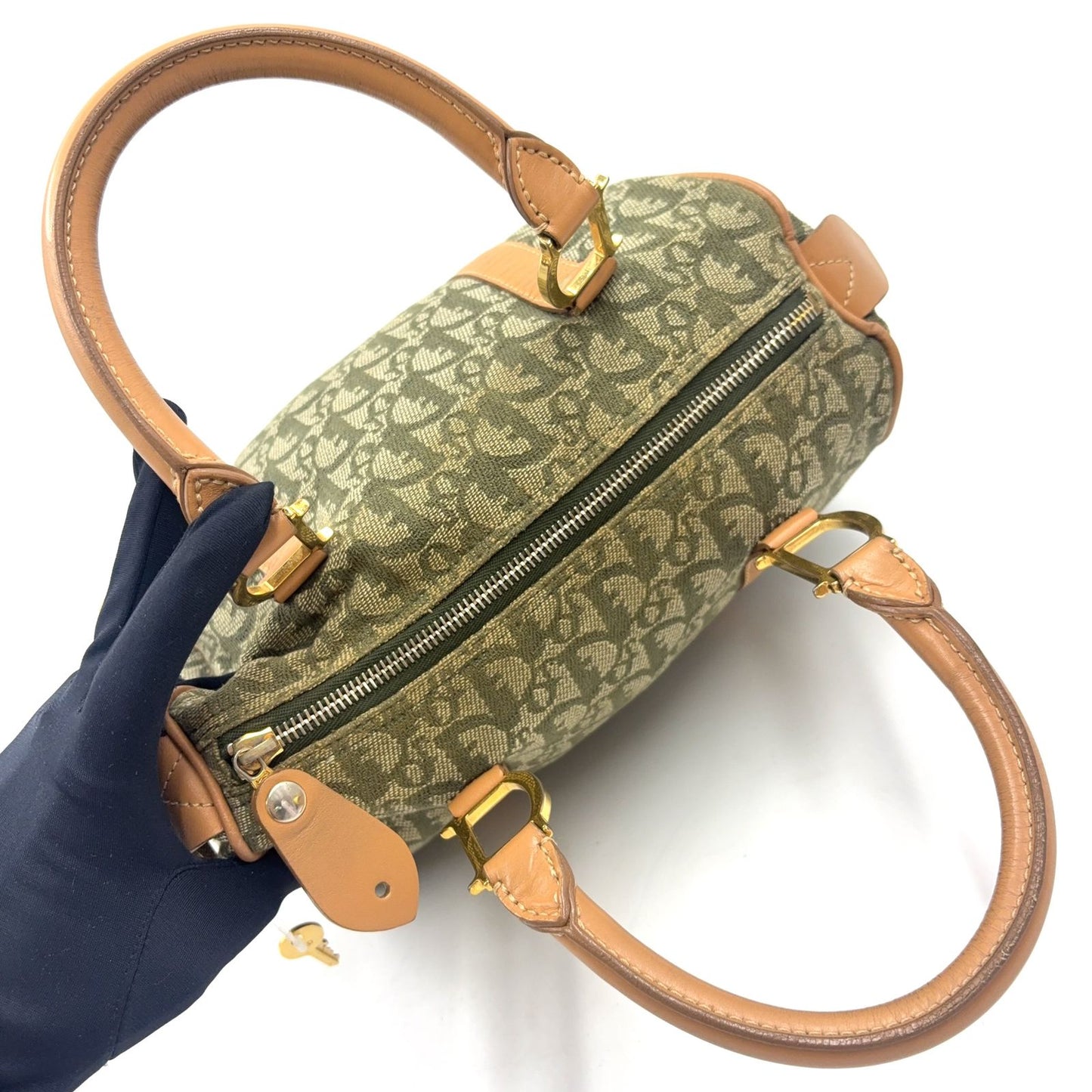 Dior Trotter Mini Leather Canvas Khaki Green Light Brown Boston Bag Gold — view 8