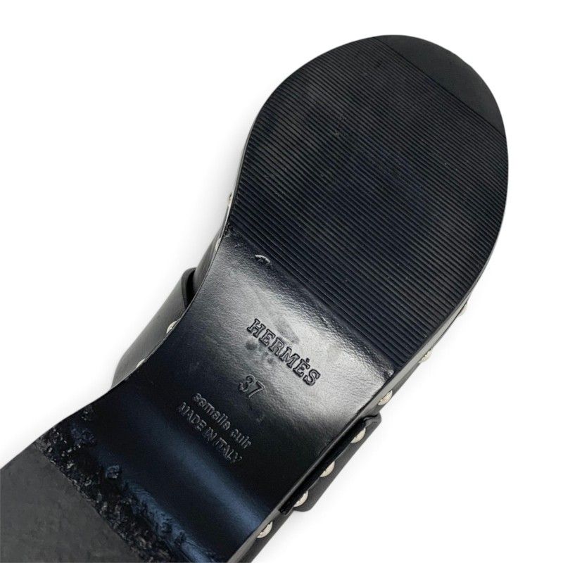 Hermes Calya Sandals Shoes Leather Wood Black Silver Studs Clog Mules — view 8