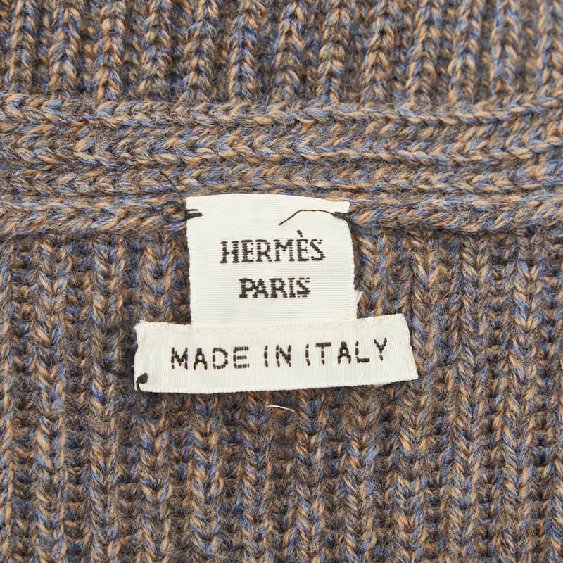 Hermes Shoulder Padded V-neck Rib Knit Sweater Gray Beige Wool — view 8